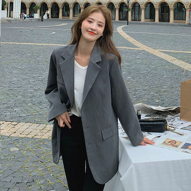 Blazer de manga comprida de peito único feminino, jaqueta chique coreana, casaco solto, preto, cinza, roupa de luxo, primavera, outono, novo