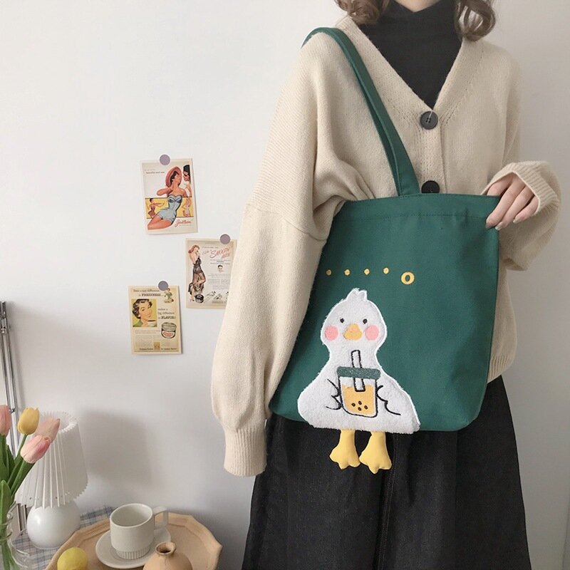 Ins Duck Embroidered Canvas Bag 2024 New Summer Soft Cute Single Shoulder Bag Shopping Canvas Tote Large Capacity Bags Schoolbag