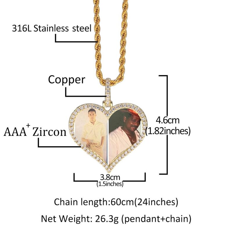 Uwin Custom Photo Necklace Heart Men Charm HipHop Bling Iced Out Jewelry Solid back For Gift Tennis Chain