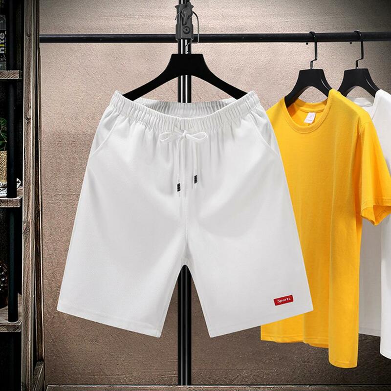 Celana pendek serut untuk pria, celana pendek olahraga musim panas dengan kantong pinggang elastis kasual Joger dengan huruf untuk pria