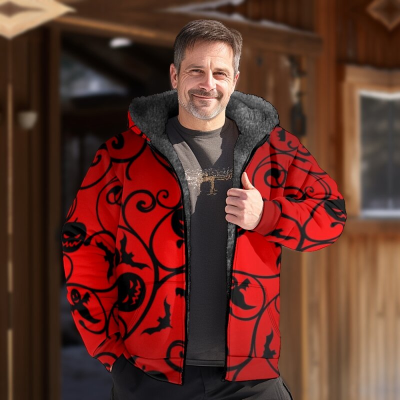 Abrigo de terciopelo con capucha para hombre y mujer, chaqueta holgada con cremallera de Papá Noel, calabaza malvada de Navidad, color rojo, 2023