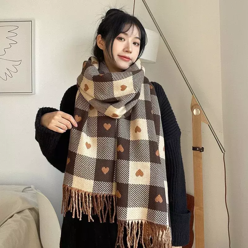 Женский зимний шарф с сердечками, кашемировая длинная шаль с кисточками, утолщенный теплый клетчатый шарф на шею, мужские корейские модные аксессуары