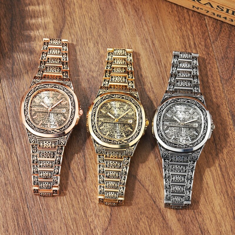Relojes de pulsera de cuarzo para hombre y mujer, pulsera de acero inoxidable con patrón en relieve, de lujo