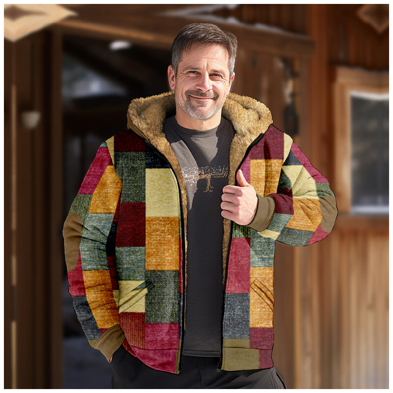Camisola com zíper de manga comprida estampada casual, capuz xadrez padrão, casaco de algodão grosso, novo, inverno, 2023