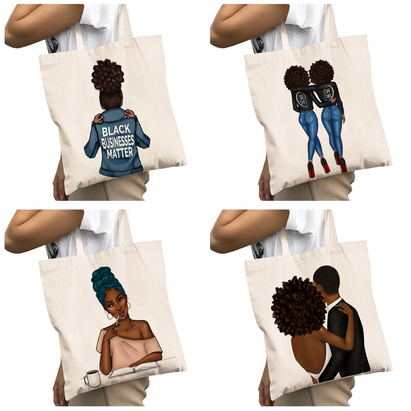 Повседневные вместительные сумки для покупок для женщин, многоразовые красивые черные модные холщовые дамские сумочки для покупок с двойным принтом в африканском стиле