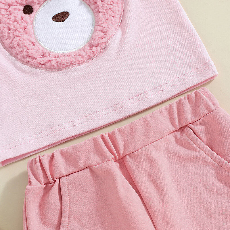 Lioraitiin-Conjunto de ropa de verano para niña, traje bonito con bordado de oso difuso, Tops de manga corta y pantalones cortos, 2024-04-09