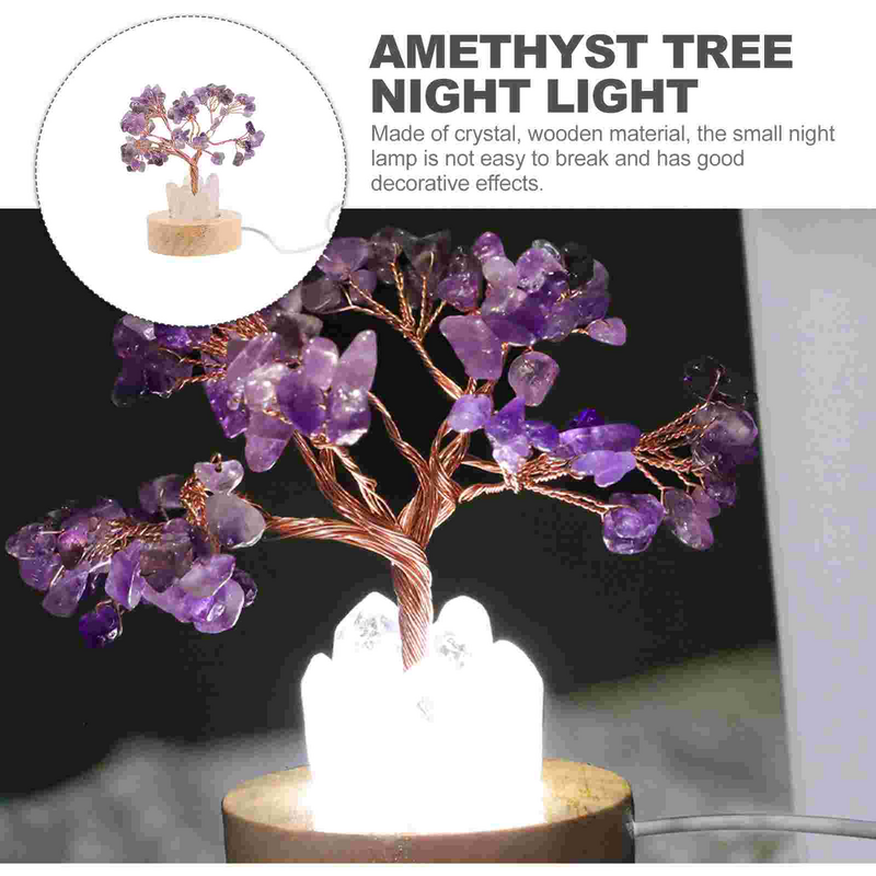 Ametista Night Light Bling Bedroom Decor Money Tree Decore piccola lampada da comodino in legno
