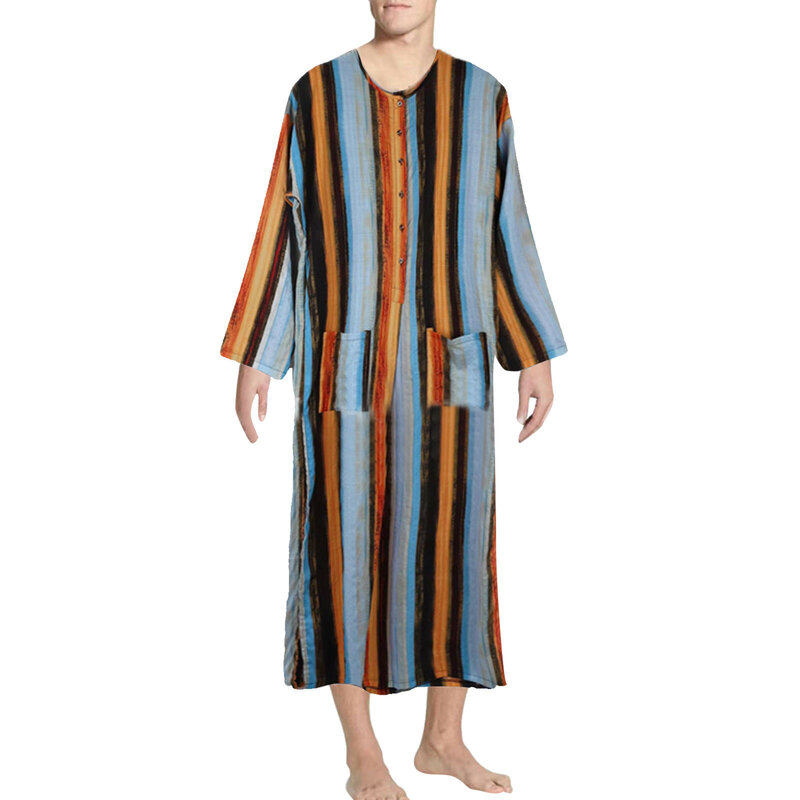 Мужская мусульманская одежда, Арабская полосатая хлопковая одежда с длинными рукавами и карманами, повседневная одежда на пуговицах Jubba Thobe с карманами, Арабская одежда Дубая