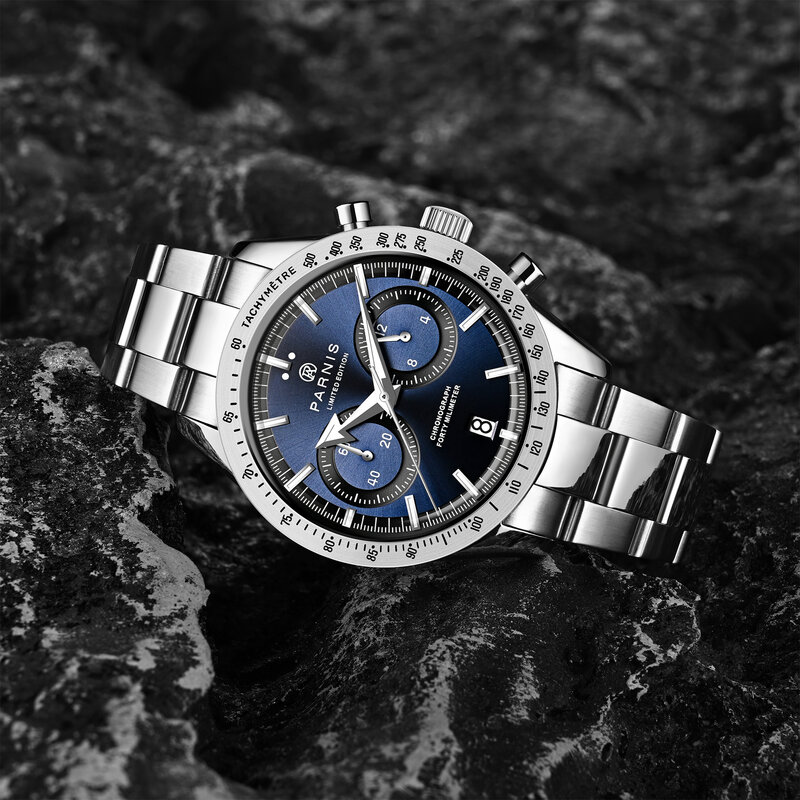 Men's Blue Dial Quartz Chronograph Watch, pulseira de aço inoxidável, relógios desportivos impermeáveis, Fashion Parnis, 40mm