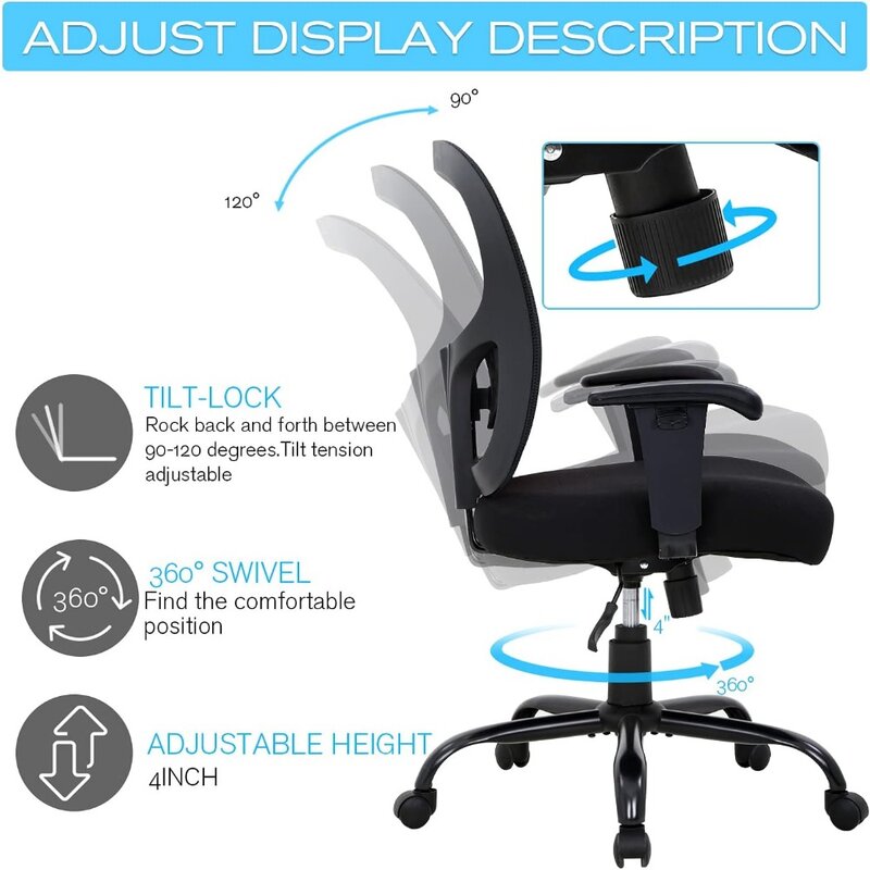 Duże i wysokie biuro, biurko 400 funtów Krzesło komputerowe z siatki dla ciężkich osób Krzesło biurowe z regulacją wysokości i ergonomicznym