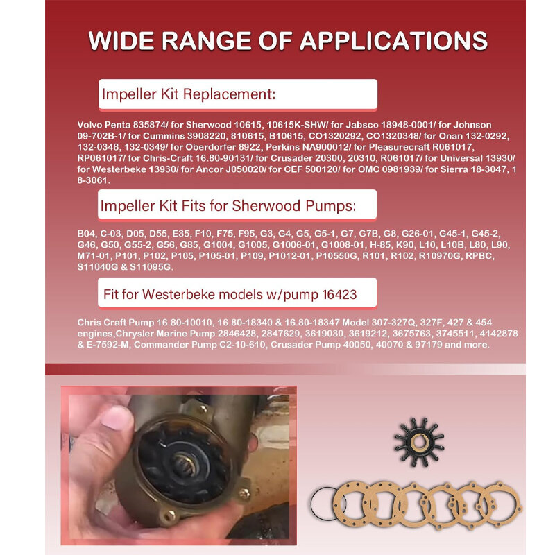 Water Pump Impeller Repair Kit Replacement for Sherwood 10615K-SHW for Volvo Penta 835874 Cooling Pump Impeller