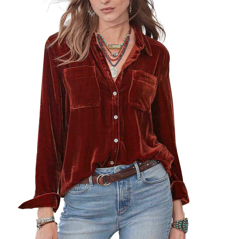 Blusa de Estilo Vintage para mujer, camisa con botones, manga larga y cuello en V, Color sólido, hecha de terciopelo Retro