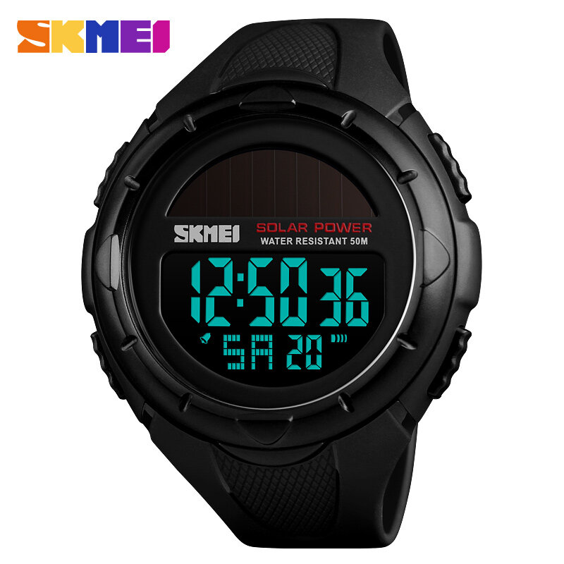 SKMEI-1405 Solar Power Relógio de pulso masculino, Relógios Digitais Luminosos para Homens, Despertador Luminoso, Esporte