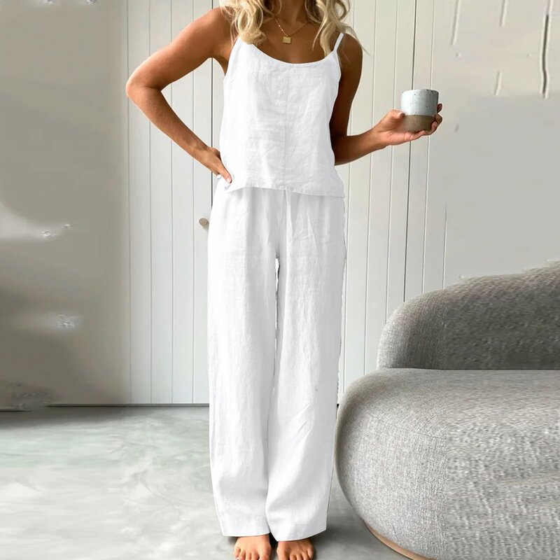 Terno de linho de algodão feminino com 2 peças, colete deslizante, calças de perna larga, moda casual feminina, roupas de casa, conjuntos femininos, 2021