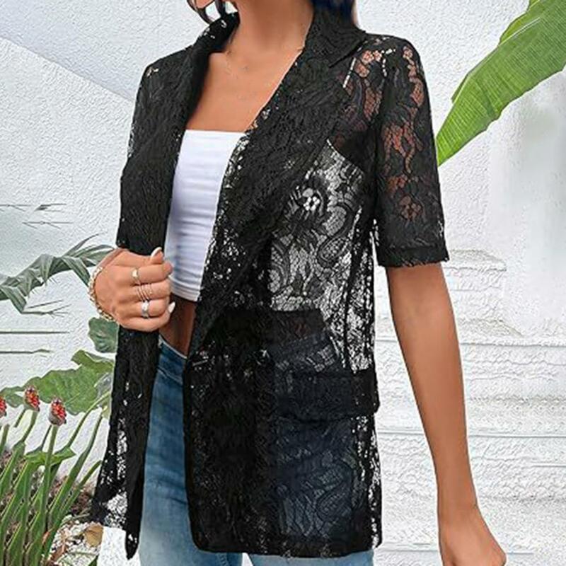 Women Floral Lace Shirt Elegant Lace Cardigan with Lapel Decorative Pockets Women's Short Sleeve Suit Coat with See-through