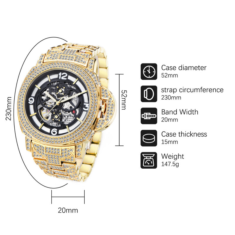 Iced Out Diamonds Watches for Men Skeleton Tourbillon Automatic Mens Watches Set Cuban Chain Mechanical Wristwatch Gold Relogio