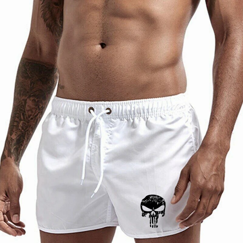 Shorts de praia com estampa com caveira masculino, musculação, academia, fitness, casual, esbelto, Bermuda legal, moda verão