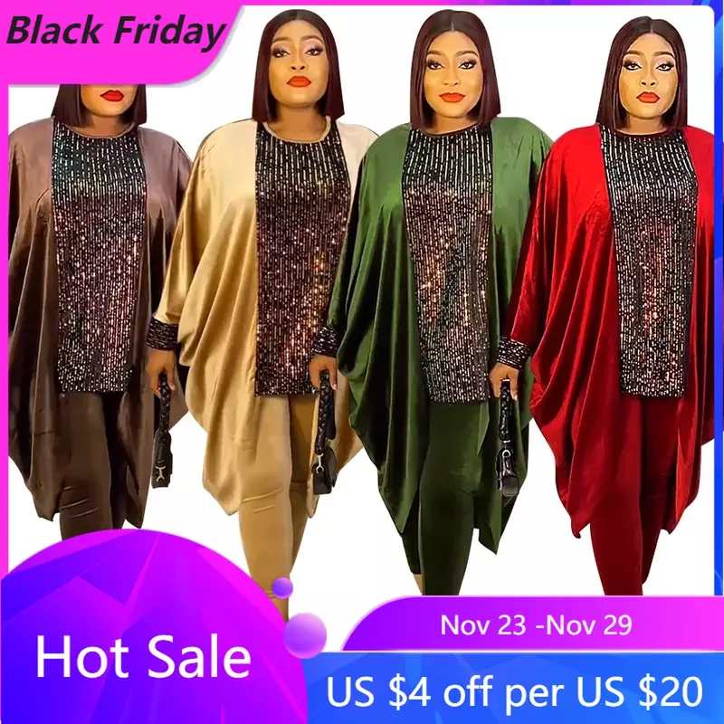 Robe et pantalon en velours de luxe pour femmes, Abayas africaines de Dubaï, manches longues, ensemble 2 pièces, vêtements islamiques pour dames, Boubou