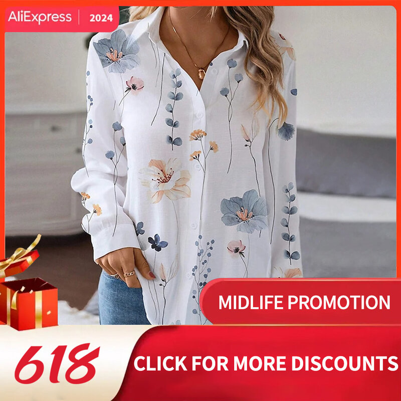 Camisa de manga larga con estampado Floral para mujer, blusa informal con botones, color blanco, amarillo y rosa, Cuello de camisa a la moda para vacaciones, primavera y otoño