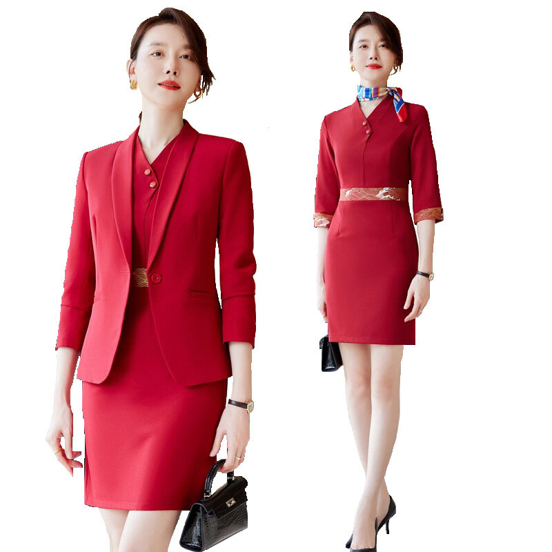 Conjunto rojo de 2 piezas para mujer, Blazer elegante y ajustado, minivestido de oficina, a la moda, para Primavera, 2024