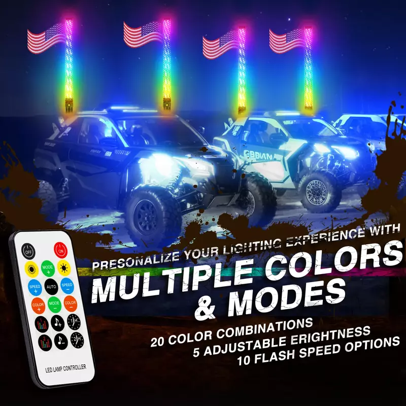 차량 장식용 안테나 램프, RGB 오프로드 리모컨, 나선형 LED 채찍 조명, 2 피트 팻 LED 플래그 폴 라이트