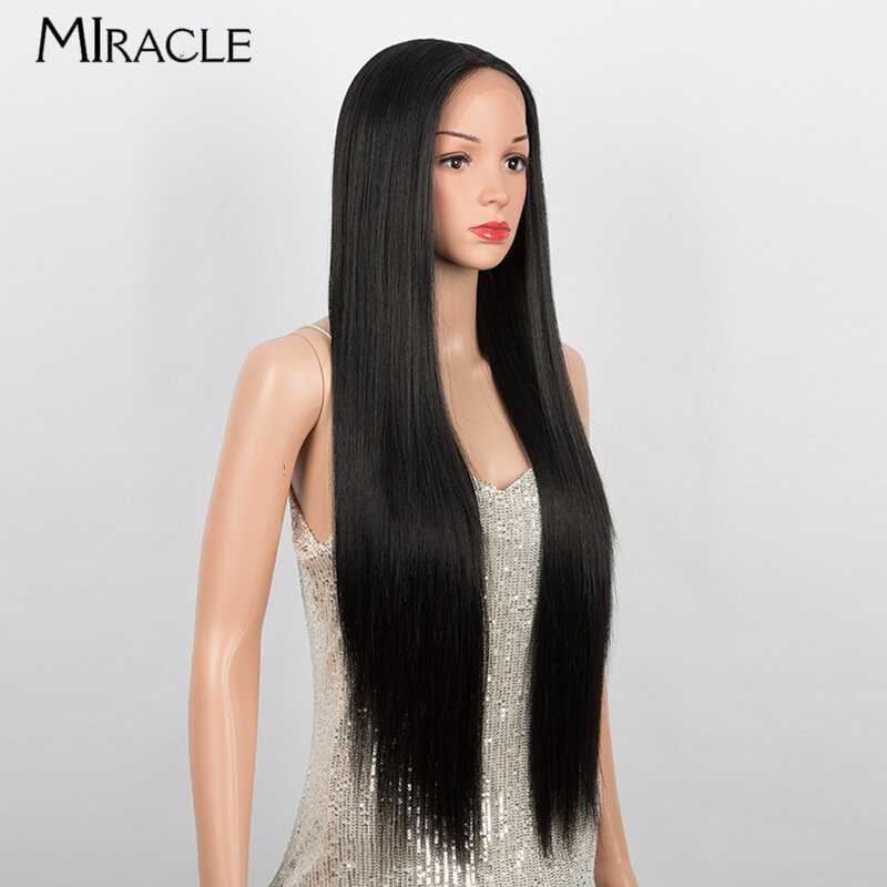 MIRACLE Wig renda sintetis panjang lurus 34 inci Wig depan untuk wanita Wig renda lurus Cosplay hitam 613 Wig merah muda hijau