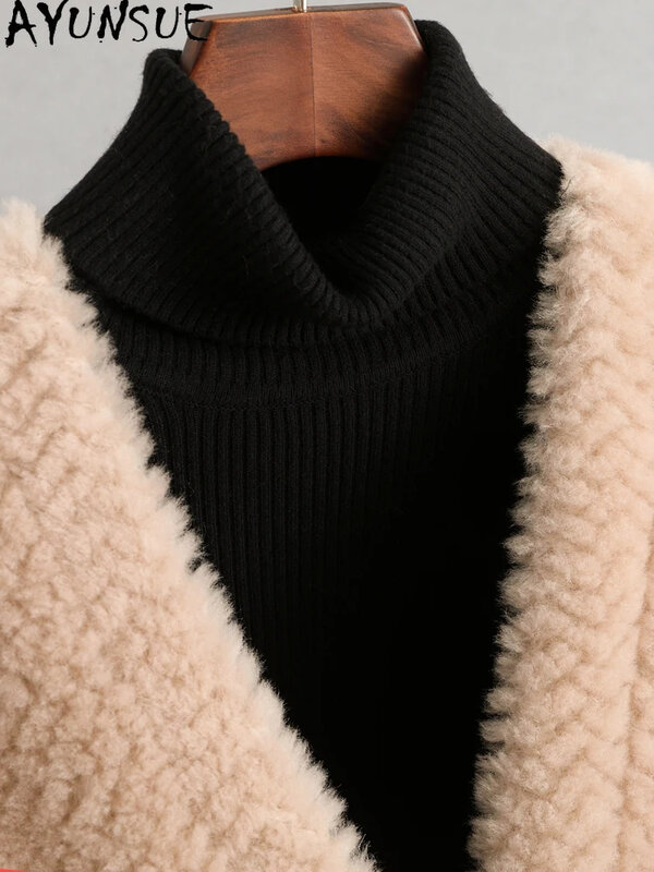 Abrigo de lana 100% de alta calidad para mujer, chaqueta elegante de longitud media con cuello en V para esquilar ovejas, otoño e invierno, 2024