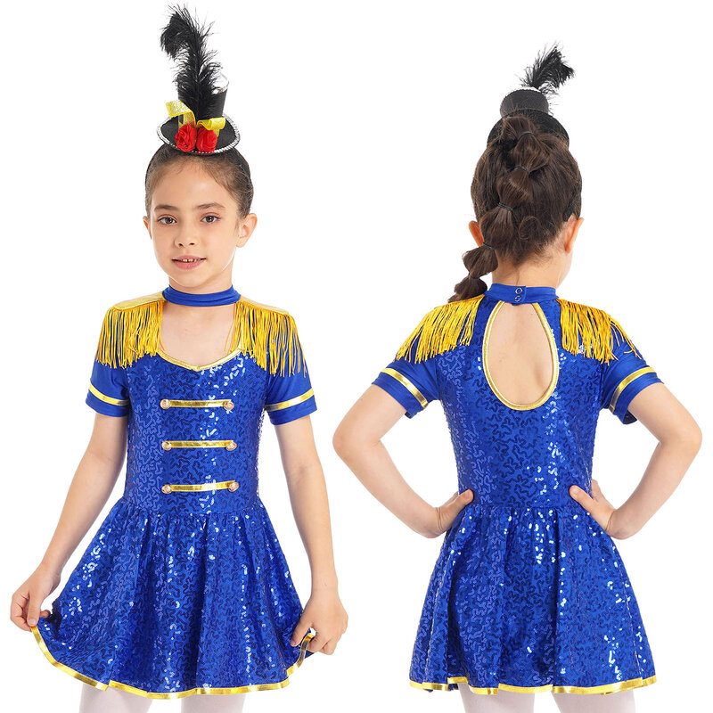 Guarda de honra para meninas, vestidos cosplay de circo lantejoulas brilhantes, dragonas douradas borla, festa de Halloween, traje de palco, crianças