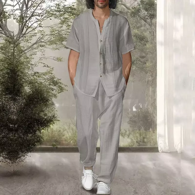 Conjunto de dos piezas para hombre, camisa de manga corta y pantalones informales, ajustado, Color sólido, a la moda, novedad de 2024