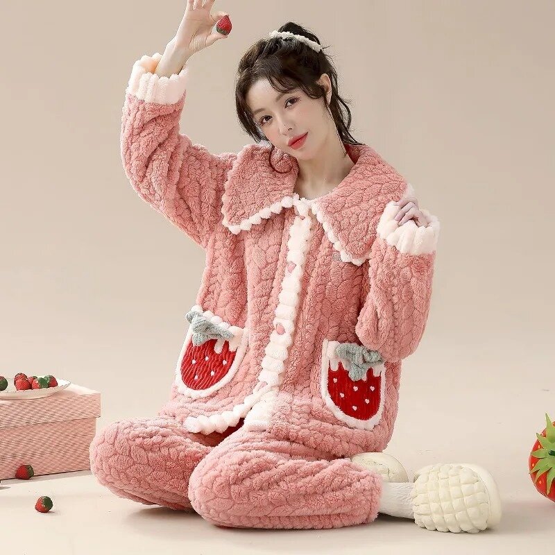 Meisjes Schattige Panda Dame Koraal Fluwelen Cartoon Pyjama Set Plus Size Flanellen Nachtkleding Herfst Winter Dames Loungewear Pak Famale