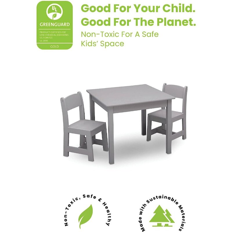 Set kursi dan meja kayu anak-anak MySize (termasuk 2 kursi)-Greenguard emas bersertifikat, abu-abu, 3 buah Set