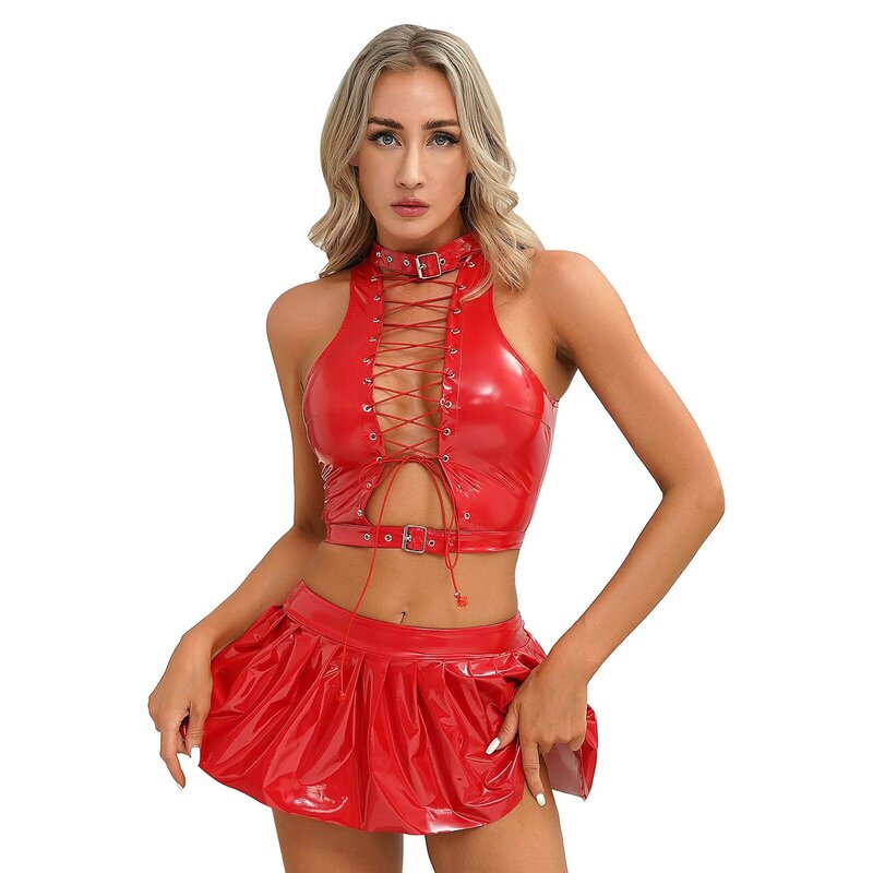 Womens Wet Look Patent Leather Dress Sets Sleeveless Hollow Out Lace-Up Crop Tops with Zipper A-Line Mini Skirt Party Clubwear