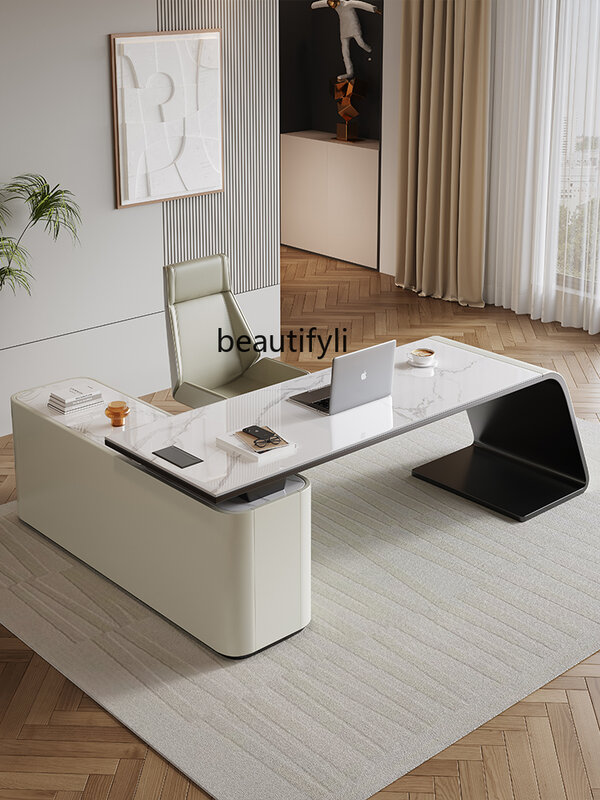 Italian Minimalist Stone Plate Desk Study Computer Table and Chair Set Light Luxury  Desk Office Consulting Table and Chair