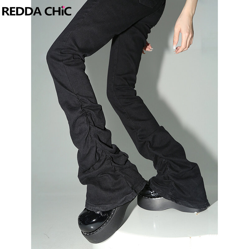 REDDACHiC-Black Ruched Flare Jeans para Mulheres, Stretch Sólido, Calças Empilhadas Bootcut, Calças Cintura Alta, Harajuku Goth Grunge Y2k Roupas