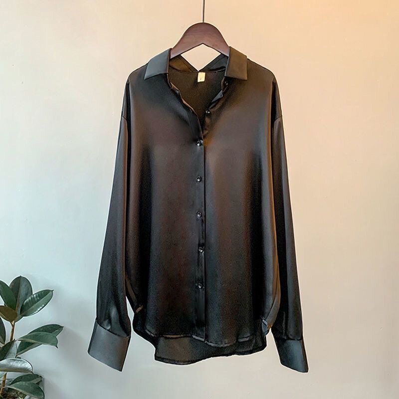 Blusa feminina preta de botões de cetim, camisa de manga comprida, top baixo alto, camisa feminina solta, moda casual, outono, Y2K, 2023