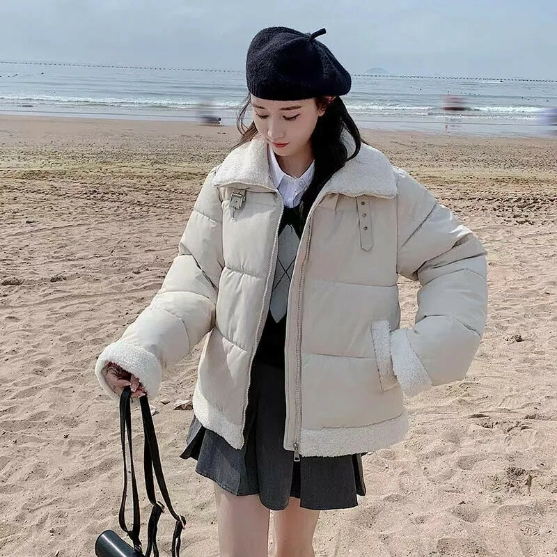 Winter New Short Lamb Wool Down Cotton Padded Jacket Women Coat Loose Fashion Parkas Female Casual Thick Warm Bread Clothes W025
