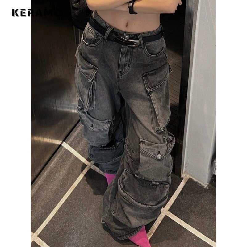 Jeans vintage americano de cintura alta para mulheres, estilo de rua, bolsos casuais dos anos 2000, calça larga Y2K, calça jeans grunge