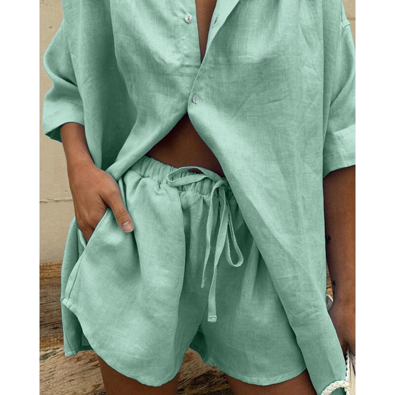 2023 Summer Solid Two-Pieces New in Shorts Sets Outfits Women Half Sleeve Buttoned Top & Shirring Shorts Set Casual Clothing