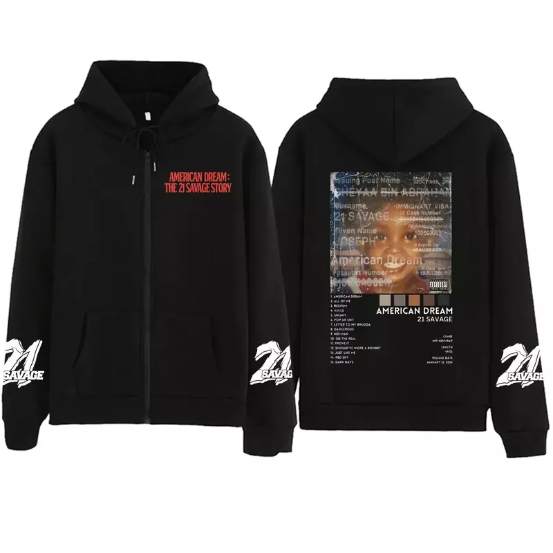 21 Savage Story American Dream 2024 Zipper Hoodie Harajuku Pullover Tops Sweatshirt Streetwear Fans Gift Unisex