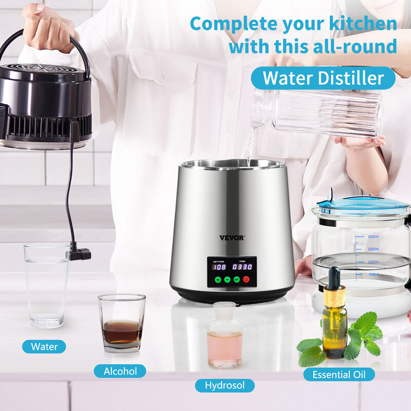 Vevor 4l Waterdestilleermachine Purifier Filter 1 L/H Distilleren Snelheid Dispenser Drinkfles Verzachter Touchscreen Huishoudapparaat