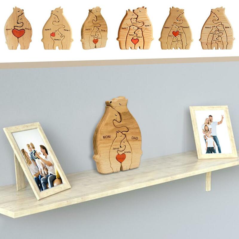 Urso de madeira Família Theme Art Puzzle, DIY Nome Puzzle, Desktop Ornamento, Personalizado Home Deco, Presente para a família