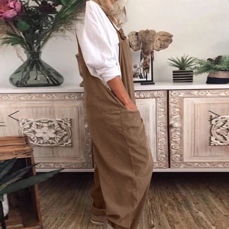 2024 Women Casual Solid Color Strappy Dungarees Vintage Cotton Linen Loose Party Long Harem Overalls Rompers Wide Leg Jumpsuit