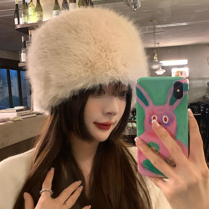Winter Fake Faux Fur Hat Women Fashion Plush Headscarf Thick Warm Beanies Fluffy Dome Cap Russian Warm Bomber Berets Skiing Hats