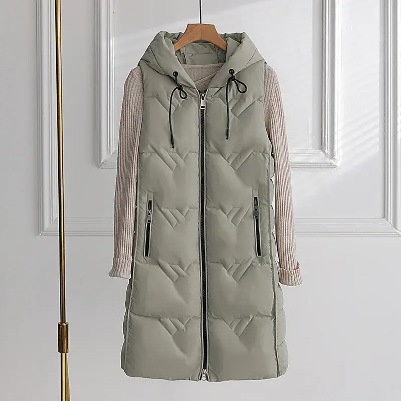 Chaleco largo de algodón con capucha para mujer, abrigo sin mangas con cremallera, informal, elegante y cálido, para invierno