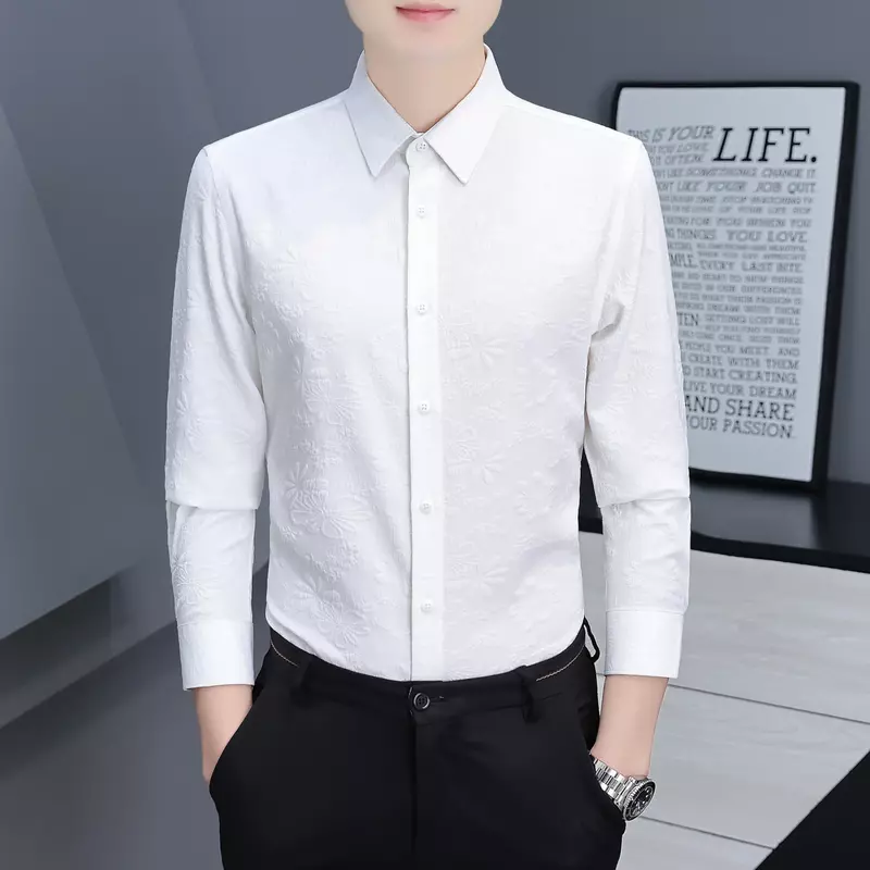 Camisa de manga comprida estampada de luxo leve da FanKe Chengpin masculina, top jacquard de alto grau justo, outono