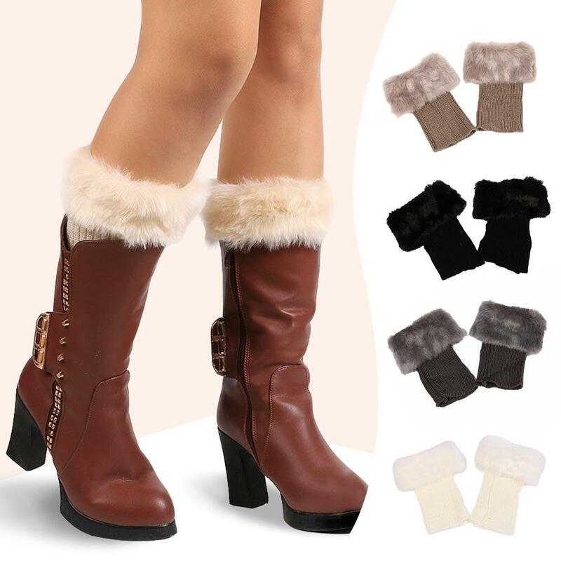 Kaus kaki wol pelindung sepatu bot untuk wanita, sepatu bot hak tinggi penghangat kaki musim dingin rajut bulu palsu potongan kaki sepatu bot kaus kaki Acce B7B0