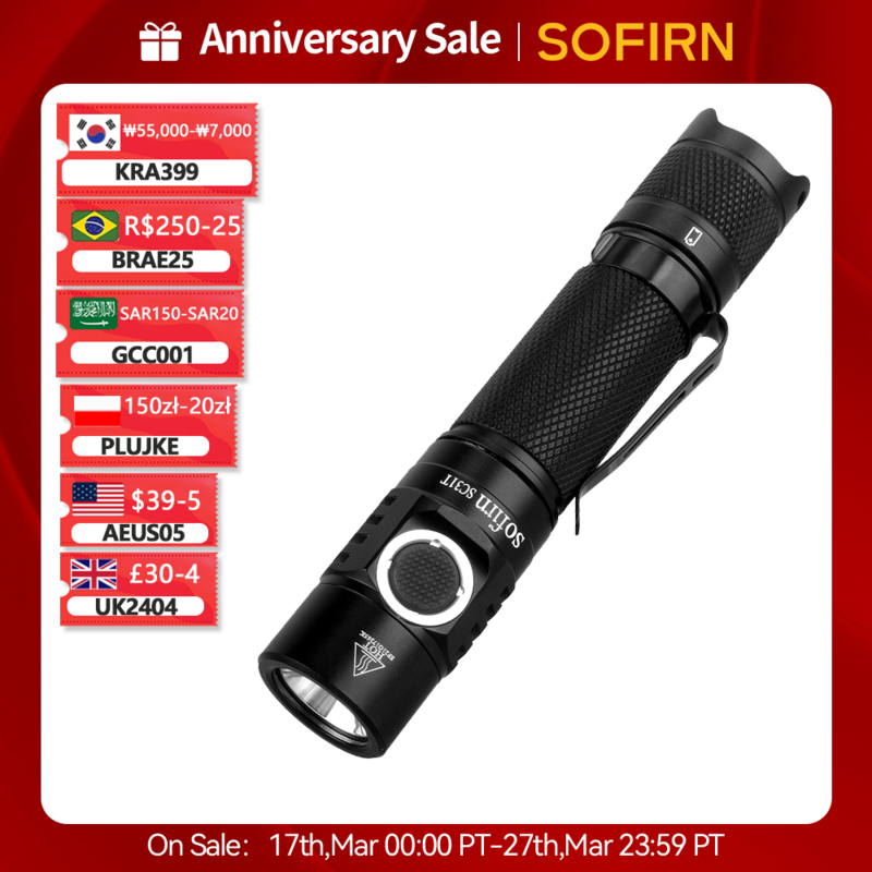Sofirn-USB C Rechargeable LED Flashlight, Powerful Torch, Outdoor Lantern, Hunting, Fish, SC31T, SST40, 2000lm, 18650