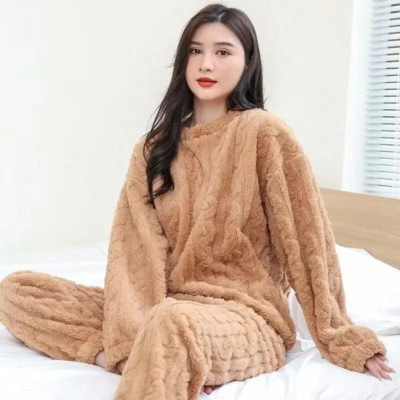 ชุดนอนสตรีแบบกางเกงอบอุ่นผ้าแจ็คการ์ดทรงหลวมผ้าหนาบุนวมสำหรับใส่อยู่บ้านชุดนอนสำหรับฤดูหนาว
