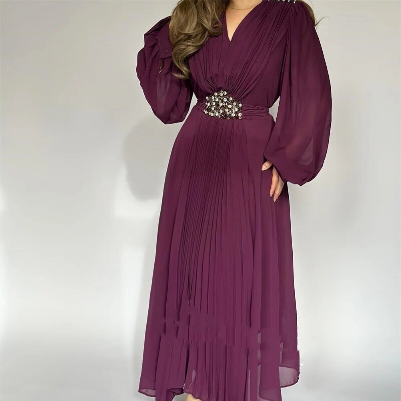 Balowa formalna okazja wieczorowa sukienka szyfonowa, plisowana dekolt w szpic z długim rękawem na zamówienie 2024