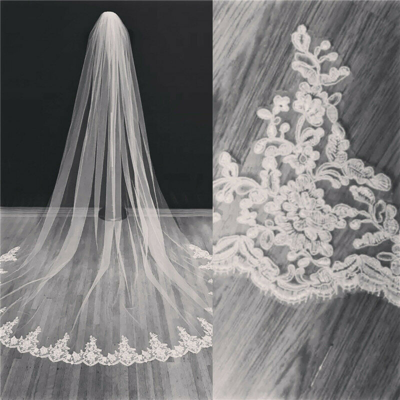 High Quality Bridal Veil Cathedral Length 3M 1L White Ivory Wedding Accessories Free Comb Lace Appliques Simple Veils